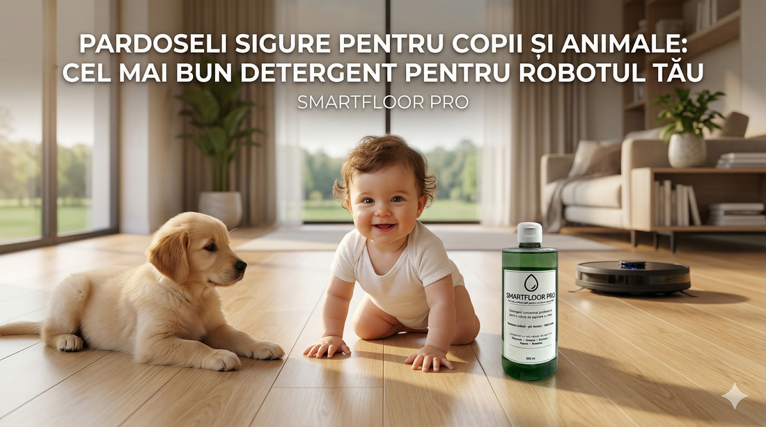 Detergent pentru robot aspirator sigur pentru copii și animale. Soluție non-toxică SmartFloor Pro pentru curățarea parchetului fără chimicale periculoase.