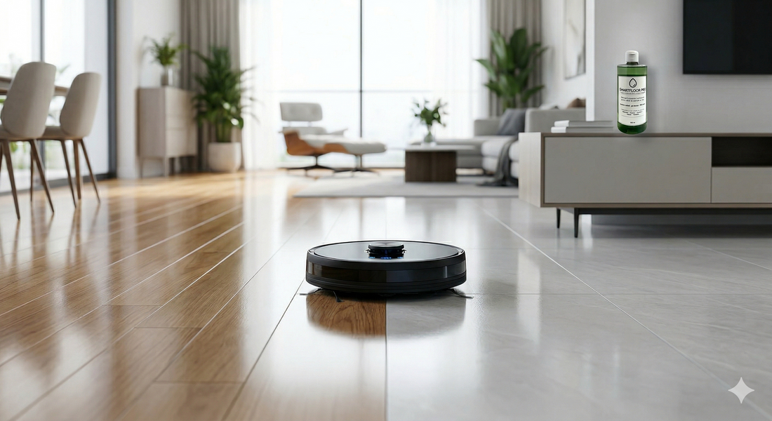etergent profesional SmartFloor Pro 500ml pentru roboți de aspirare cu mop, afișat într-un interior premium cu podele strălucitoare curățate de un robot autonom.