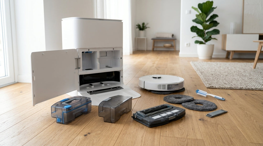 Componentele stației robotului aspirator scoase pentru curățare: rezervoare, tavă de spălare, mopuri și perie