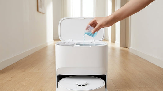 Adăugarea unei doze mici de detergent concentrat în rezervorul de apă curată al stației robotului aspirator