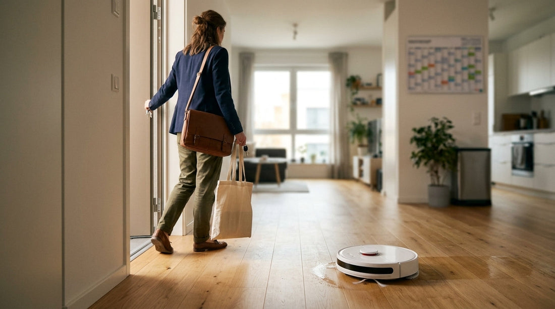 Robot aspirator programat să curețe apartamentul în timp ce proprietara pleacă de acasă