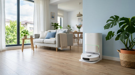Robot aspirator cu mop în stația de autocurățare, într-un living luminos cu parchet