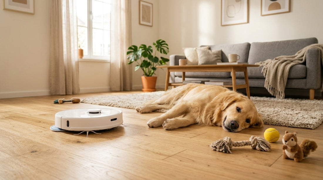 Câine relaxat pe parchet lângă un robot aspirator cu mop într-o casă cu animale