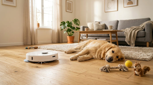 Câine relaxat pe parchet lângă un robot aspirator cu mop într-o casă cu animale