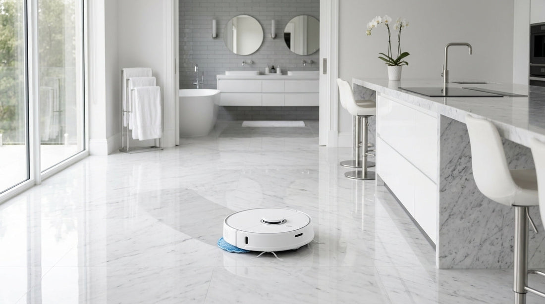 Robot aspirator cu mop pe pardoseală de marmură lucioasă fără dâre