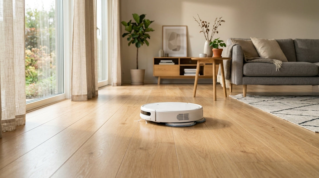 Robot aspirator cu mop care curăță parchet laminat într-un living luminos