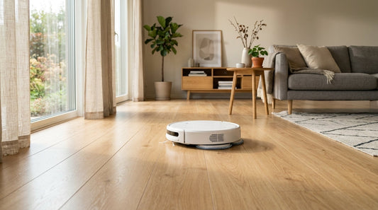 Robot aspirator cu mop care curăță parchet laminat într-un living luminos