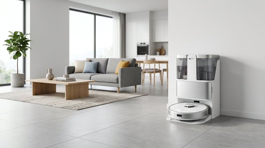 Robot aspirator cu mop și stație all-in-one într-un living modern cu gresie