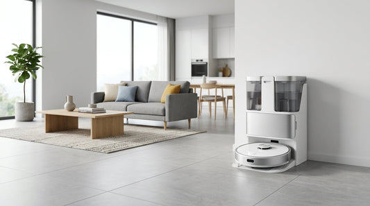 Robot aspirator cu mop și stație all-in-one într-un living modern cu gresie