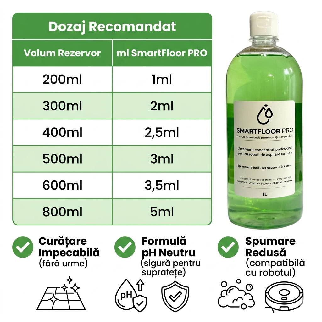 Detergent concentrat pentru robot aspirator cu mop - compatibil Roborock, Xiaomi, Dreame - SmartFloor PRO 1L
